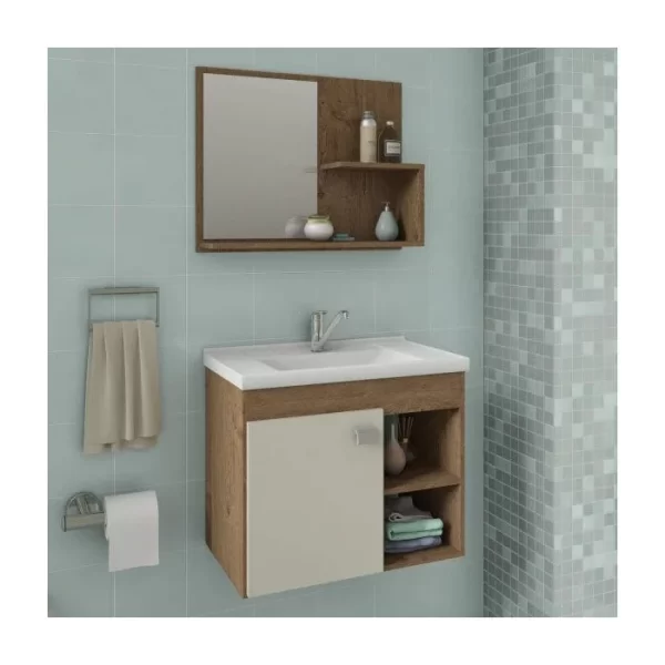 KIT ARMARIO BANHEIRO LOTUS  55 CM MGM AMENDOA C/BRANCO